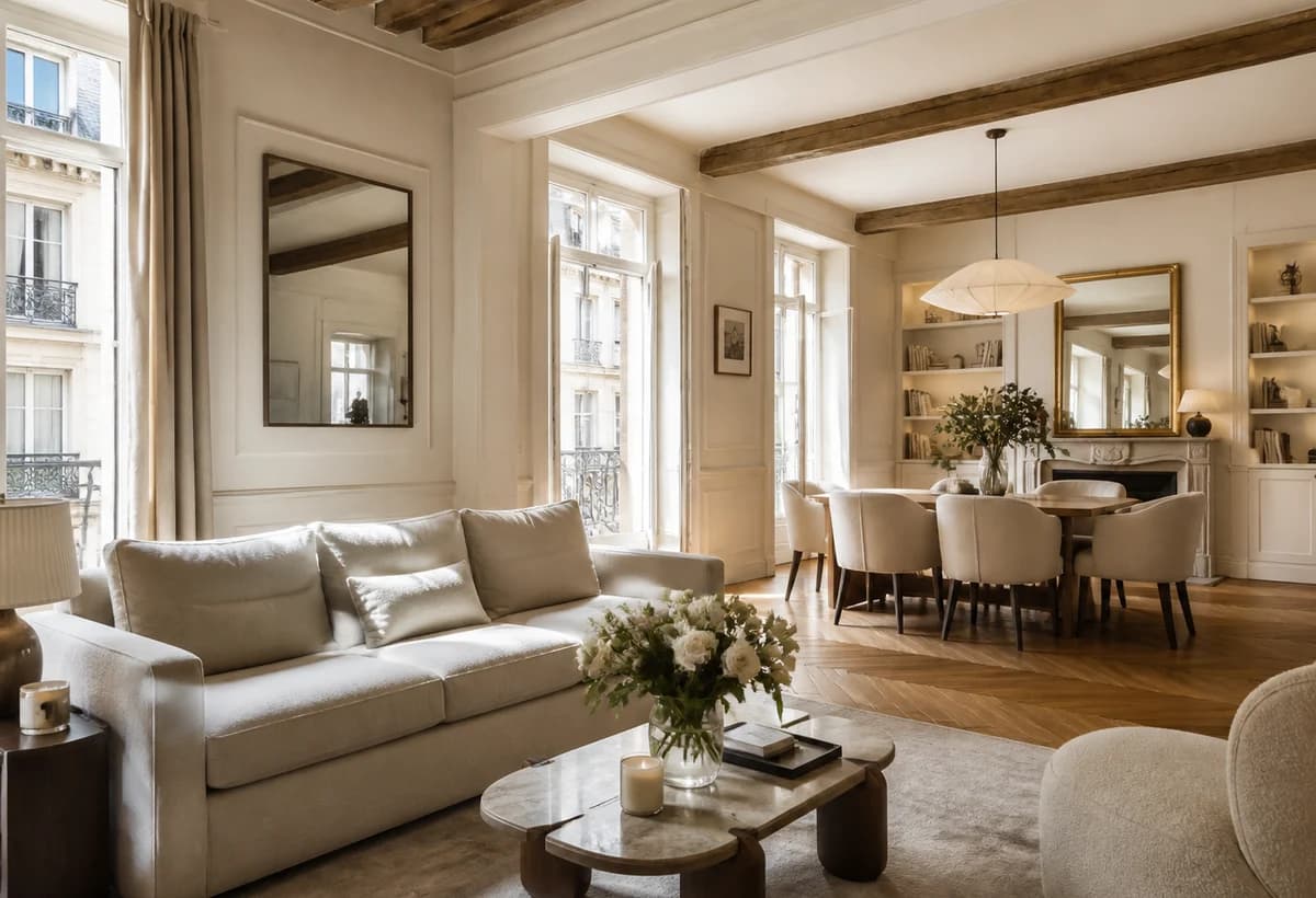 Salon d’appartement parisien meublé adapté à un séjour moyenne durée